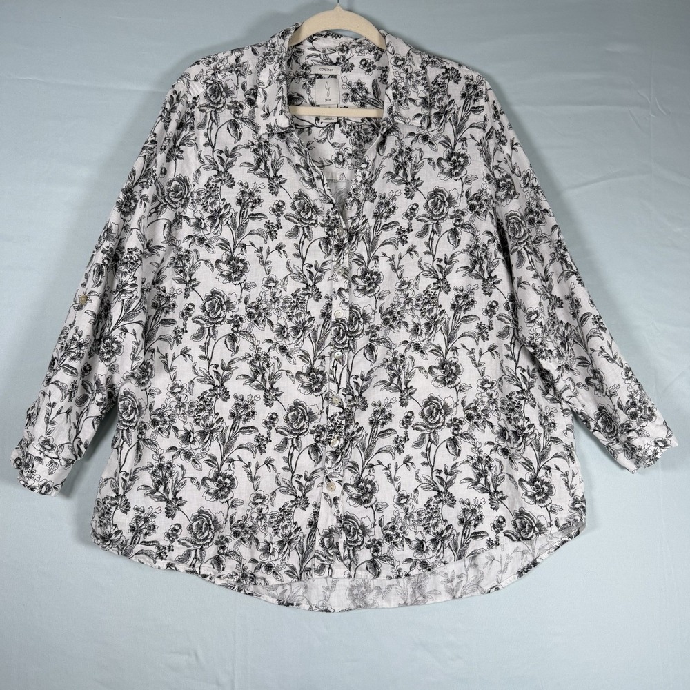 Joie Size-2X Women's Linen Top Shirt Blouse White Black Floral
